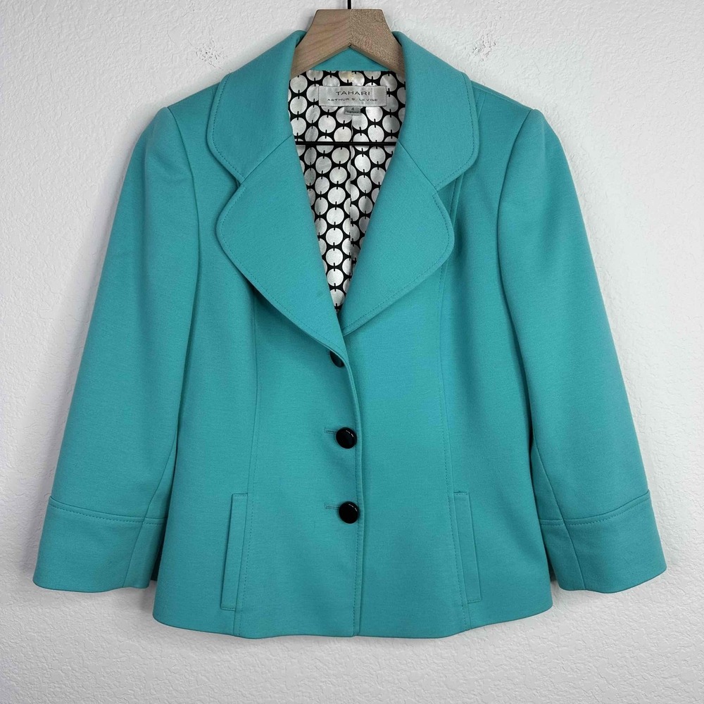 Tahari Blazer 4 Blue Teal 3 Button Preppy Office Polished Academic‎ Minimalist